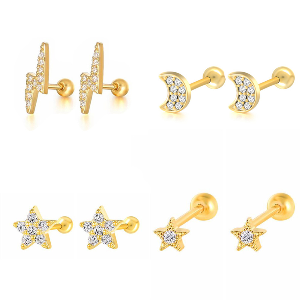 Body Jewelry Flat Back - Star Moon กระดูกอ่อนต่างหูเกาหลีแฟชั่นสี Zircon Lightning Tragus