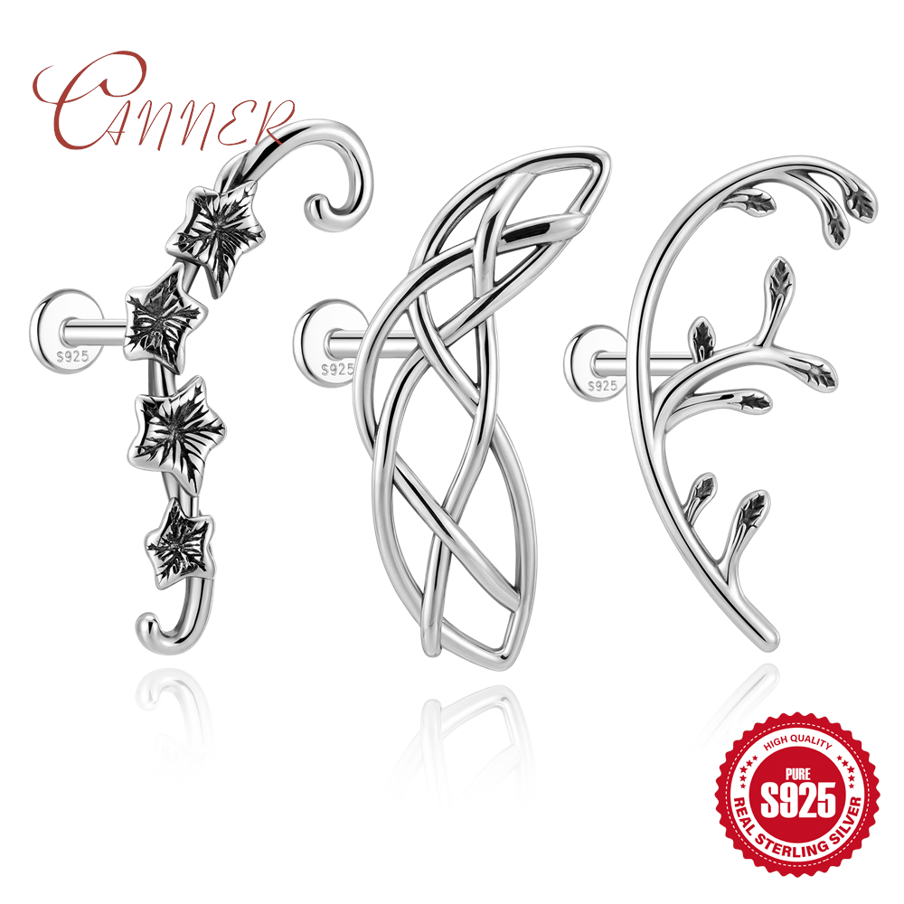 Body Jewelry Flat Back - ต่างหูเงินแท้ 925 สไตล์โกธิค ลายดอกไม้/เส้นเงา สำหรับผู้หญิง ต่างหูแบบหนีบ