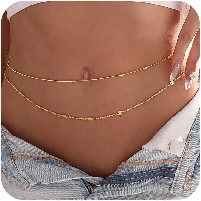 Body Jewelry Gold Plated - สร้อยคอประดับตัวผู้หญิงแบบกันน้ำ ชุบทอง 18K สร้อยคาดเอวแบบลูกปัดสีทอง สายคาดเอวแบบปรับได้ เครื่องประดับชายหาดสำหรับใส่กับชุดบิกินี่สุดเซ็กซี่