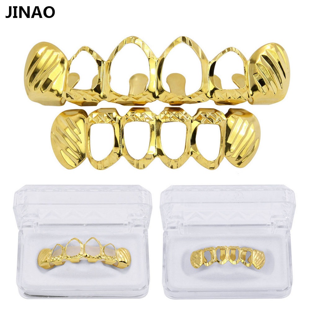 Body Jewelry Gold Plated - จิงโจ้ใหม่Fit D-ตัดGrillzชุดสีทองชุบด้านบน & ด้านล่างฟัน4เปิดHip Hop grills