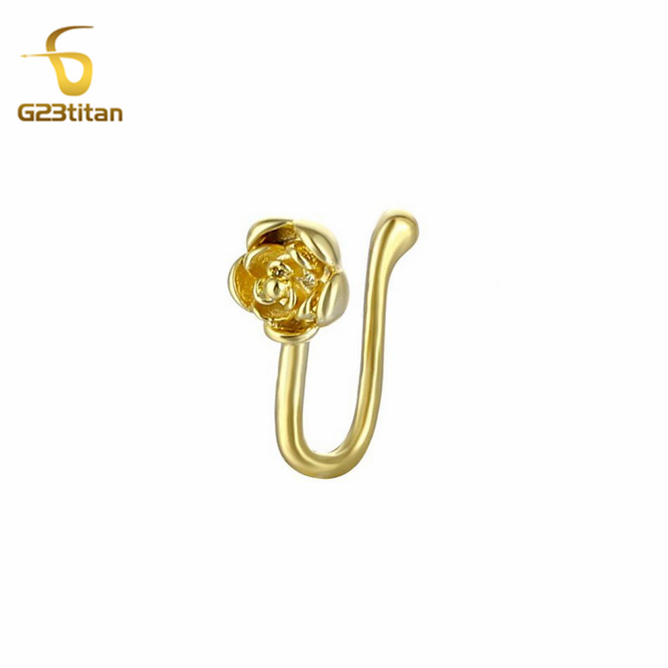 Body Jewelry And Earrings - คลิปหนีบจมูกคริสตัลทองแดงรูปดอกกุหลาบ 1 ชิ้น แบบปลอม ไม่ต้องเจาะ สีทอง